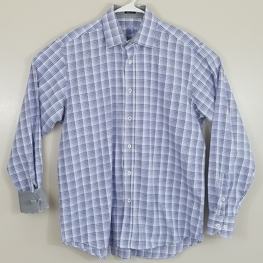 Bugatchi Uomo Blue and Wite Plaid 100%Cotton Shirt